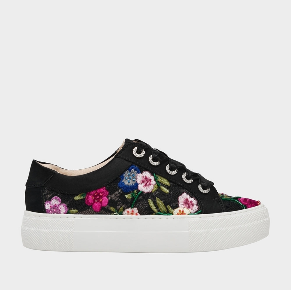 Betsey Johnson Jayla Sneakers‎ Black With Multicolored Embroidery New In Box - Picture 2 of 7